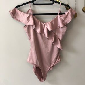 Rose-Pink Ruffled Off-The-Shoulder Bodysuit